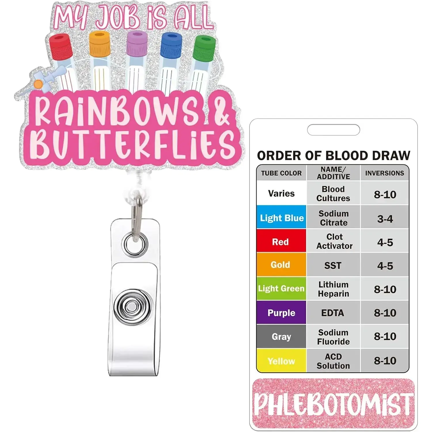 Funny Retractable Phlebotomy Badge Reel with Order of Draw Badge Card - Swivel Clip, Vertical Buddy, Medical Accessories, Phlebotomist Essentials & Gifts, Funny Theme