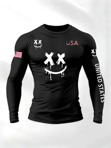 Men's Round Neck Long Sleeve T-Shirt, American Theme Letter Xx Smiley Design, Lightweight Casual Sportswear, Modern Street Style, Fitness Clothes Tops