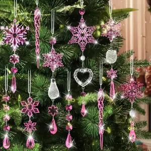 Crystal Snowflake Christmas Tree Decorations - 21pcs Christmas Tree Ornaments Sparkling Dazzling Festival Party Decoration Crystal Snowflake Design Hanging Ornament Holiday Season Home Decor ( Pink )