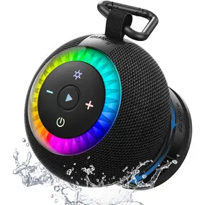 Shower Speaker   Portable: 360? Surround Sound, IPX7 Suction Cup Removable with Vacuum Exhaust Knob, RGB Lights, Beach/Pool/Camping/Kayak Essentials, Gifts for Mom Teens-Black