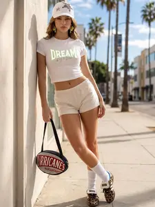 Neutral Brown "DREAM" Cropped Baby Tee, Slim Fit Form-Fitting Short Sleeve, Minimalist American Streetwear Y2K Crop Top