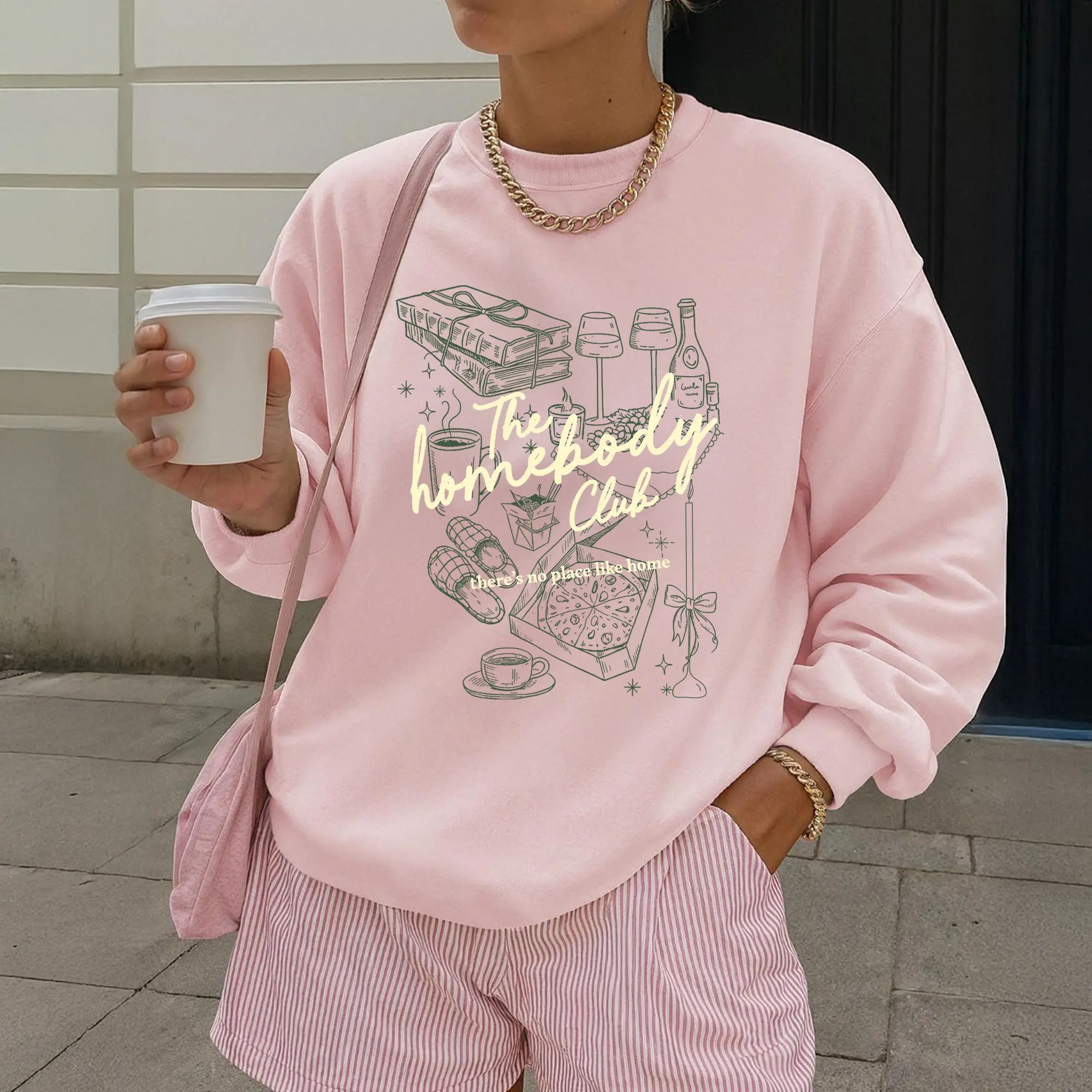 Women's The Homebody Club Graphic Hoodie, Oversized Vintage Tops, Comfy Long Sleeve Casual Tee for Everyday Wear, Sweatshirt