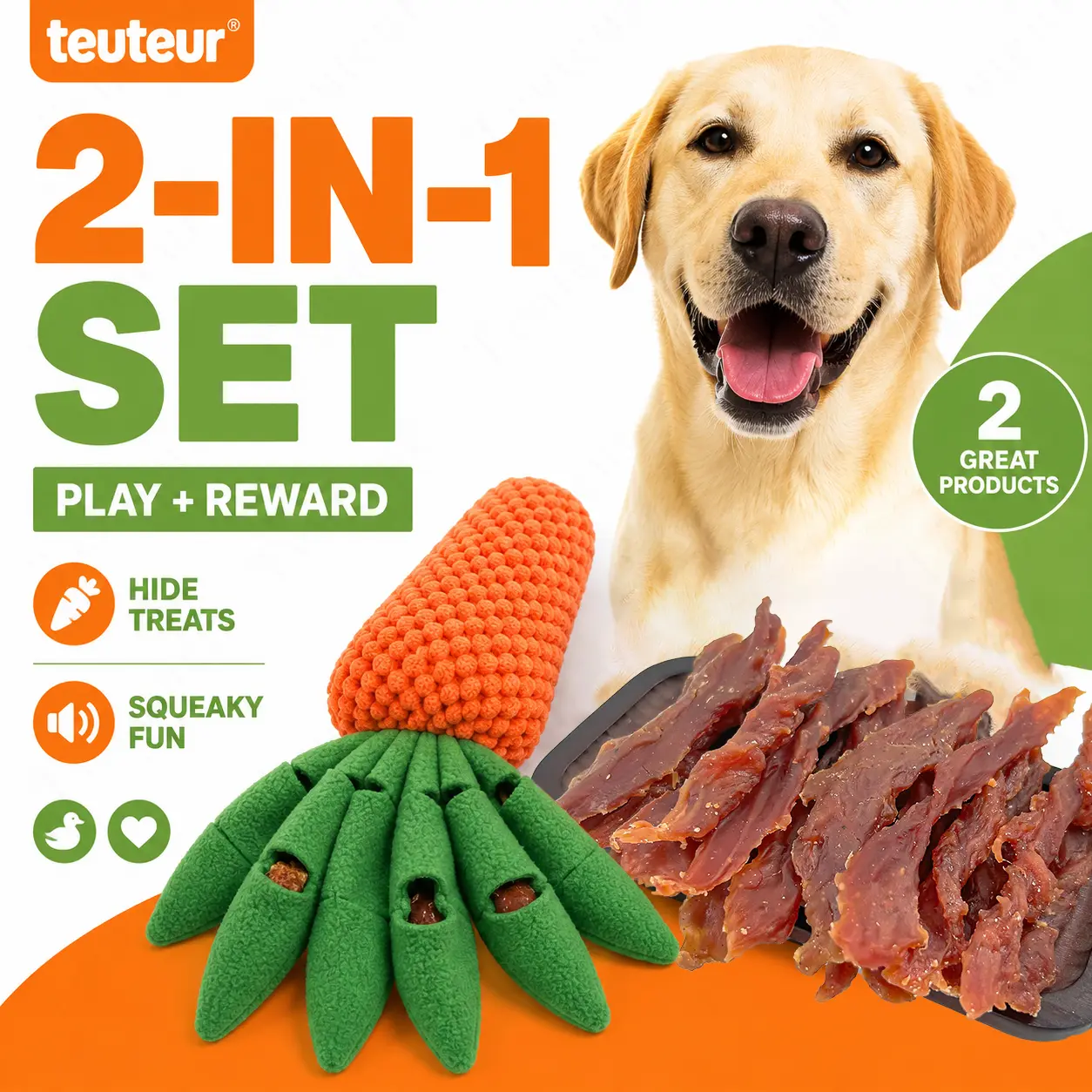 Carrot Squeaky Plush Dog Toy with Hidden Treat Pockets and Duck Jerky Strips Combo, Interactive Snuffle Puzzle Toy for Puppies and Small Dogs, Training Rewards, Treat Dispensing Play, Indoor Enrichment and Boredom Relief for Everyday Indoor Play