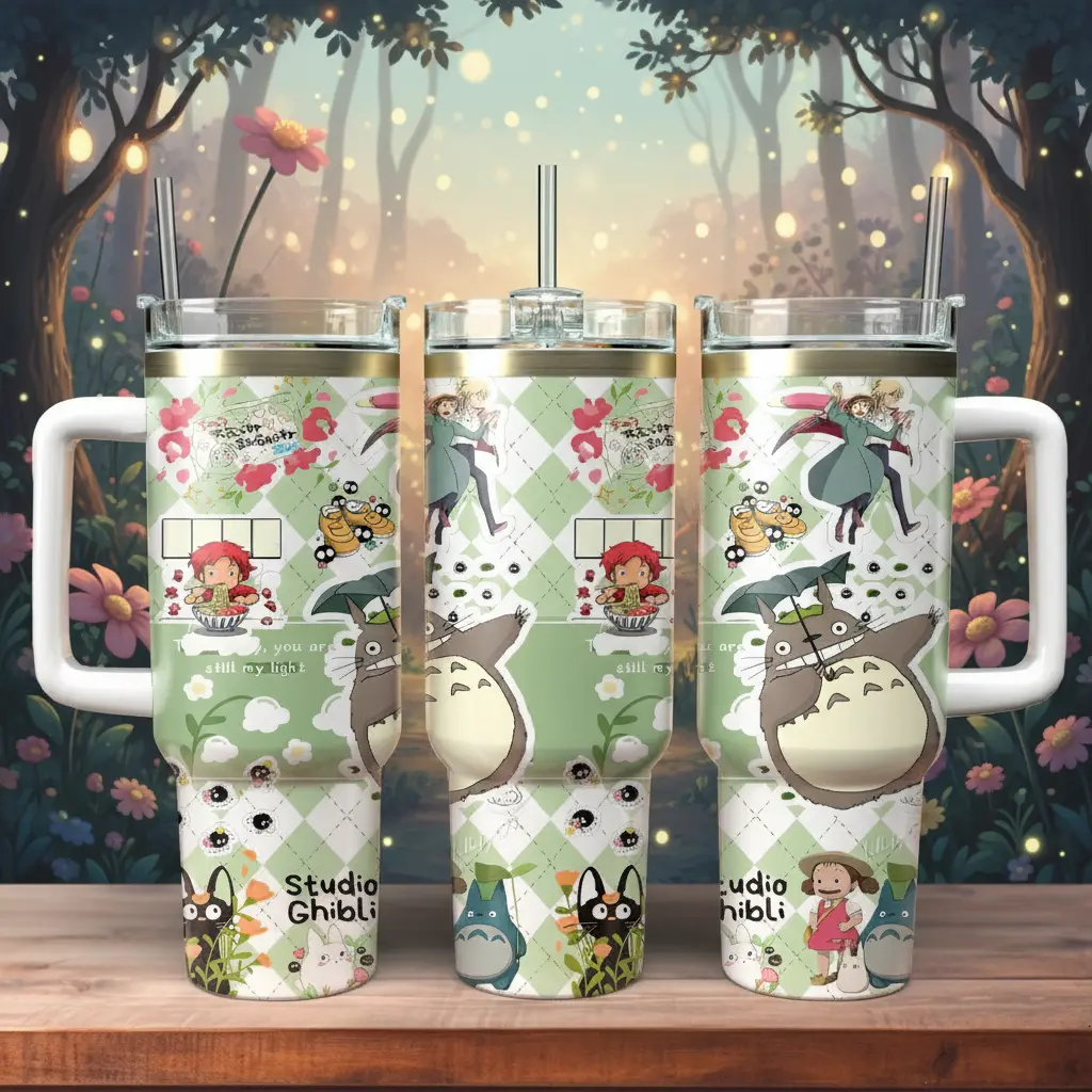 40oz Studio Ghibli Stainless Steel Insulated Tumbler Reusable Cup - Portable, Vacuum-Insulated Drinkware with Handle, Lid, Straw, Totoro/Howl's Moving Castle/Ponyo Anime Mug, Ideal Gift for Ghibli Lovers, Insulation