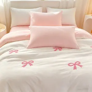 3pcs Girl Bow Embroidered Bedding Set, Includes 1 Duvet Cover + 2 Pillowcases（without comforter and pillow insert）, Single Twin Double Queen Size bed
