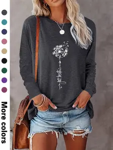Women's Floral & Letter Print Crew Neck Tee, Fashion Casual Long Sleeve T-shirt for Daily Outdoor Wear, Ladies Clothes for Spring & Fall