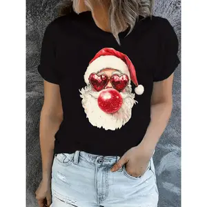 Festive Women's Santa Claus TShirt Featuring Heart Glasses Gum Blowing Cartoon Design Ideal for Christmas Parties Casual Wear