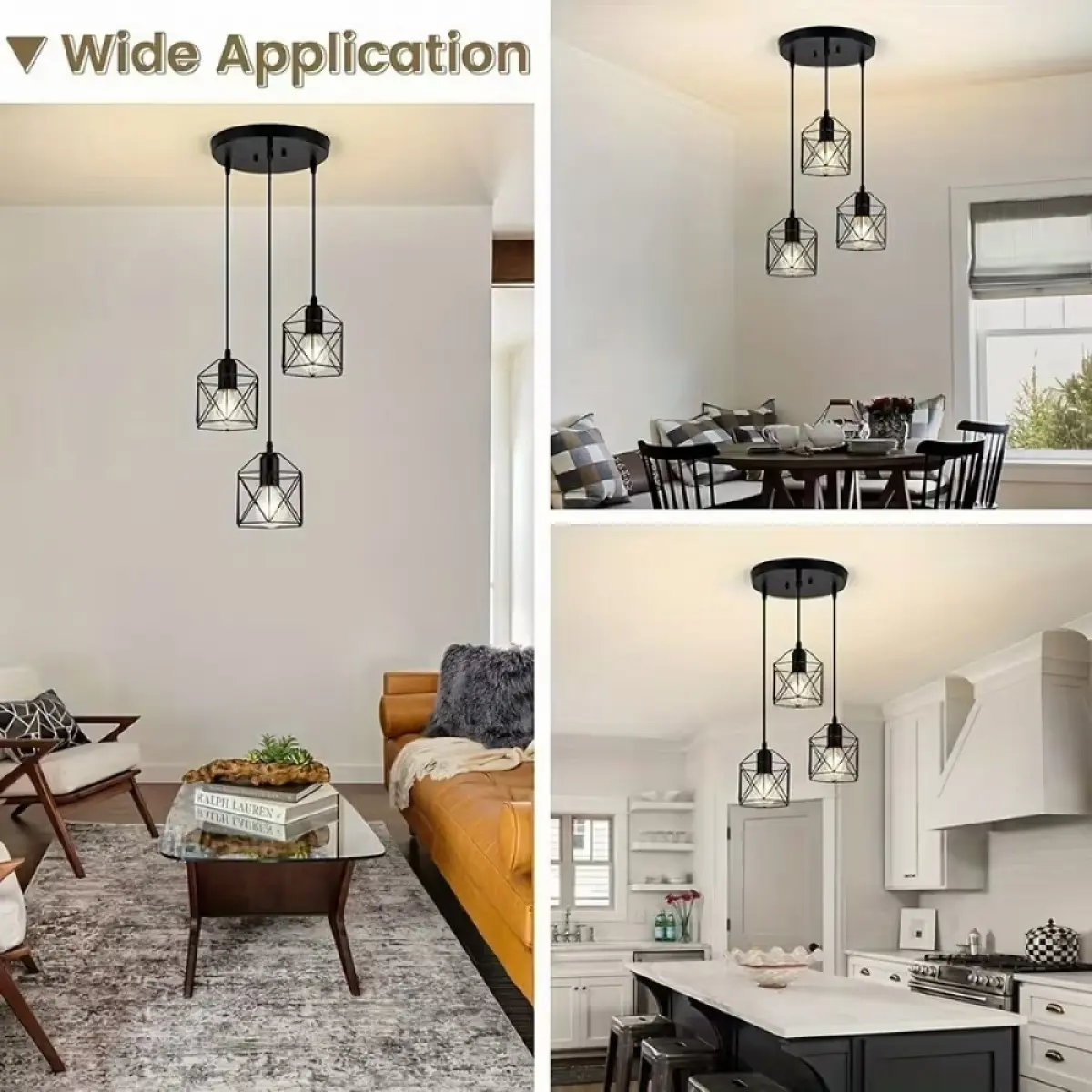Industrial 3-Light Hanging Pendant Light - Farmhouse Metal Cage Ceiling Fixture with E26 Sockets, Adjustable Suspension, Wave+Star Projection, Ambient Artificial Lighting for Kitchen Island, Modern Rustic Decor, Ambient Home Lighting