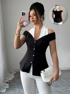 Women's Elegant Commuter Colorblock Off-Shoulder Halter Neck Top, Casual Everyday Top, womenswear, Summer Wear, Fitted, Stylish, Chic and Comfortable, Perfect for Office and Casual