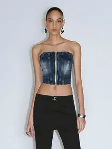 URBAN REVIVO Women's Minimalist Slim-Fitting Denim Halter Bandeau Blouse - Casual Sleeveless Top, Springtok Style, UWJ850035 summerwins,summerwins