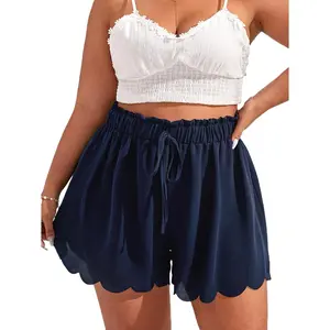 Women's Plus Size Elastic  Scallop Trim Flowy Wide  Shorts