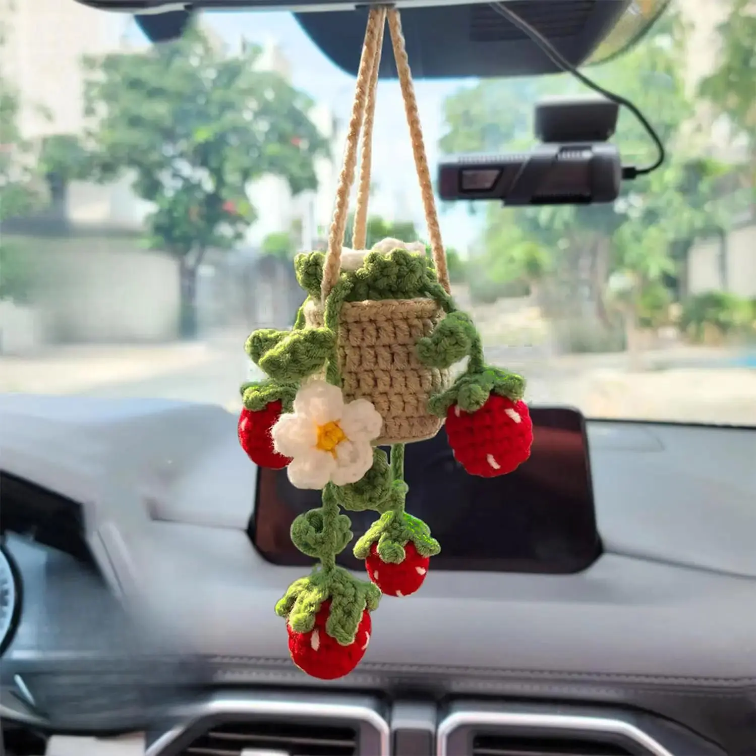 Cute Strawberry Crochet Rear View Mirror Decorations, Handmade Car Mirror Hanging Adornment, Rearview Mirror Accessories, Car Ornament for Women, Car Interior Decoration, Car Accessory, Aesthetic Car Accessory