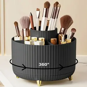 360-Degree Rotating Makeup Organizer Box, 5-Grid Plastic Cosmetic Storage Rack with Luxury Stripe Design, Portable Brush Holder and Beauty Organizer