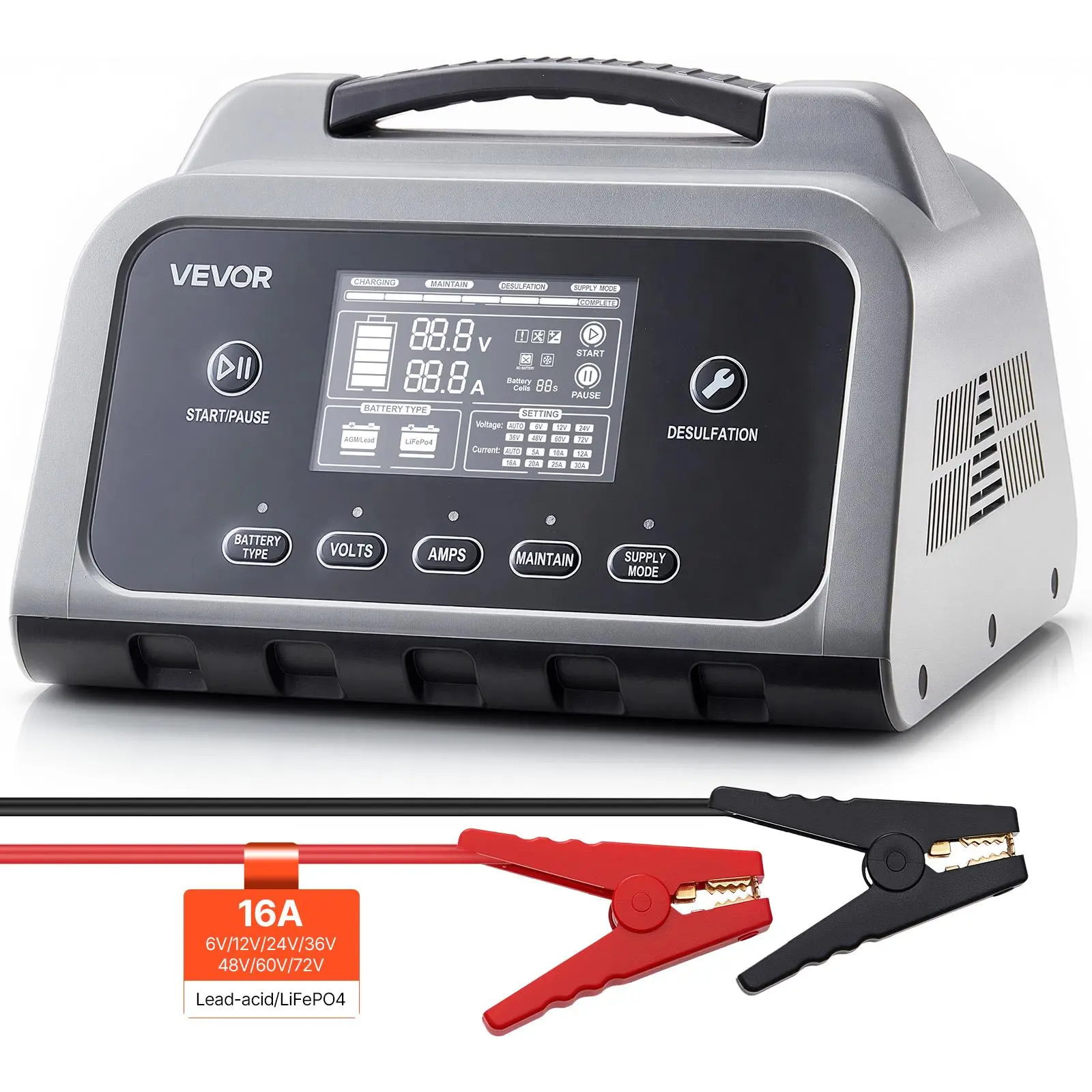 VEVOR 16A Smart Battery Charger - 6V/12V/24V/36V/48V/60V/72V, Compatible with Lithium LiFePO4 & Lead-Acid (Gel/AGM), LCD Display, Trickle Charging Maintainer with Desulfation/Force Modes, Automotive Vehicle Tools and Gadgets (Father's Day Gift), Batteries