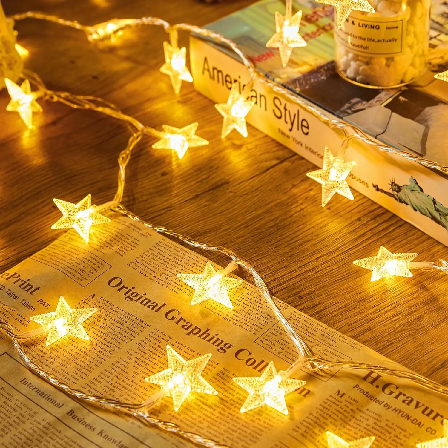Battery-Operated Star-Shaped Bright LED String Lights - 17ft, 50 Warm White Lights, 3×AA Batteries Powered, Timer Function, Energy Efficient, Waterproof, 1.3in Wide, Kids-Friendly, Indoor Outdoor Decor, Ideal for Christmas, Universal Electronics Accessory