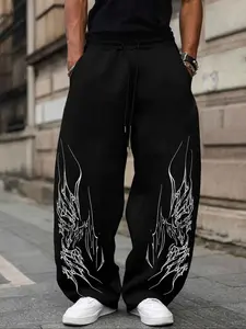 Men's Dark Aesthetic Gothic Loose Pants, Fitted Sports Pants with Thorn Pattern, Street Style, Fall & Winter Fashion, Casual Sports Pants