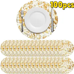 100pcs Golden Thin Metallic Disposable Placemats - Elegant Shiny Mirror Foil & Sequin Tableware, 13in Luxury Laminated Table Protectors for Weddings, Banquets, Camping Kitchen Use