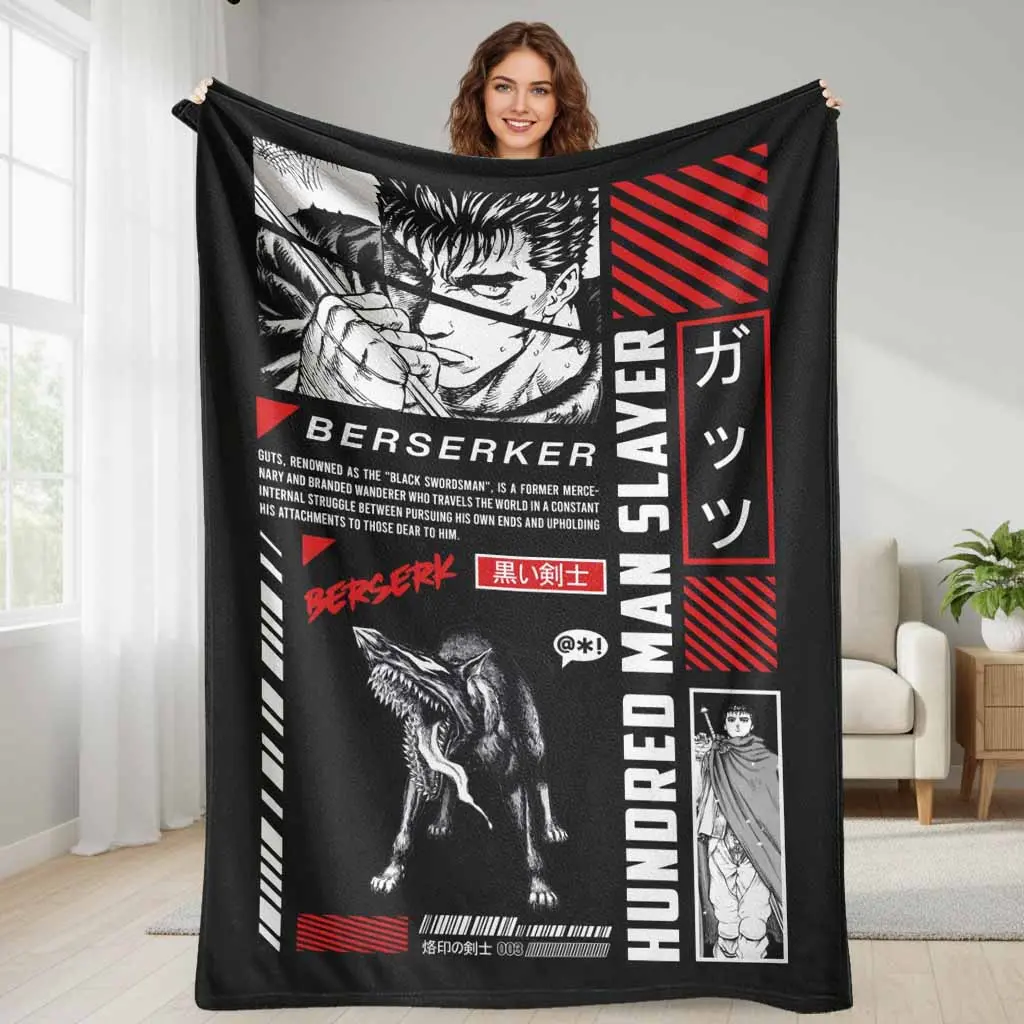 Berserker Black Swordsman Graphic Flannel Blanket - Anime Manga Warrior Theme, Soft, Warm, Durable, Breathable, Wrinkle Resistant, Anti-Pilling Flannel Fabric, Multi-Size, Machine Washable, Foldable, Bedroom Decor, Anime Fan Gift, Anime Manga Blankets