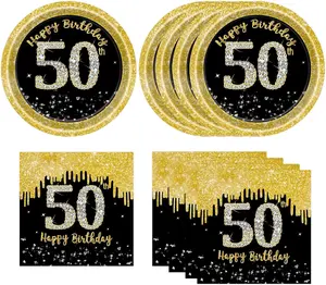 50th Birthday Plates and Napkins Party Supplies 50 Pcs Back Gold 50th Birthday Party Plates and Napkins Tableware Set Men Women Cheers