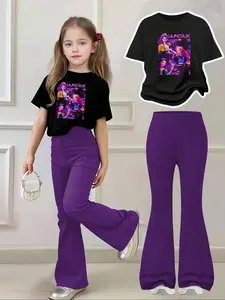 Girls' Cartoon Anime Girl Print 2-Piece Set, Sporty Sweatshirt and Bell Bottom Pants, Casual Fitted for Spring Fall Winter, Power Girl Outfit