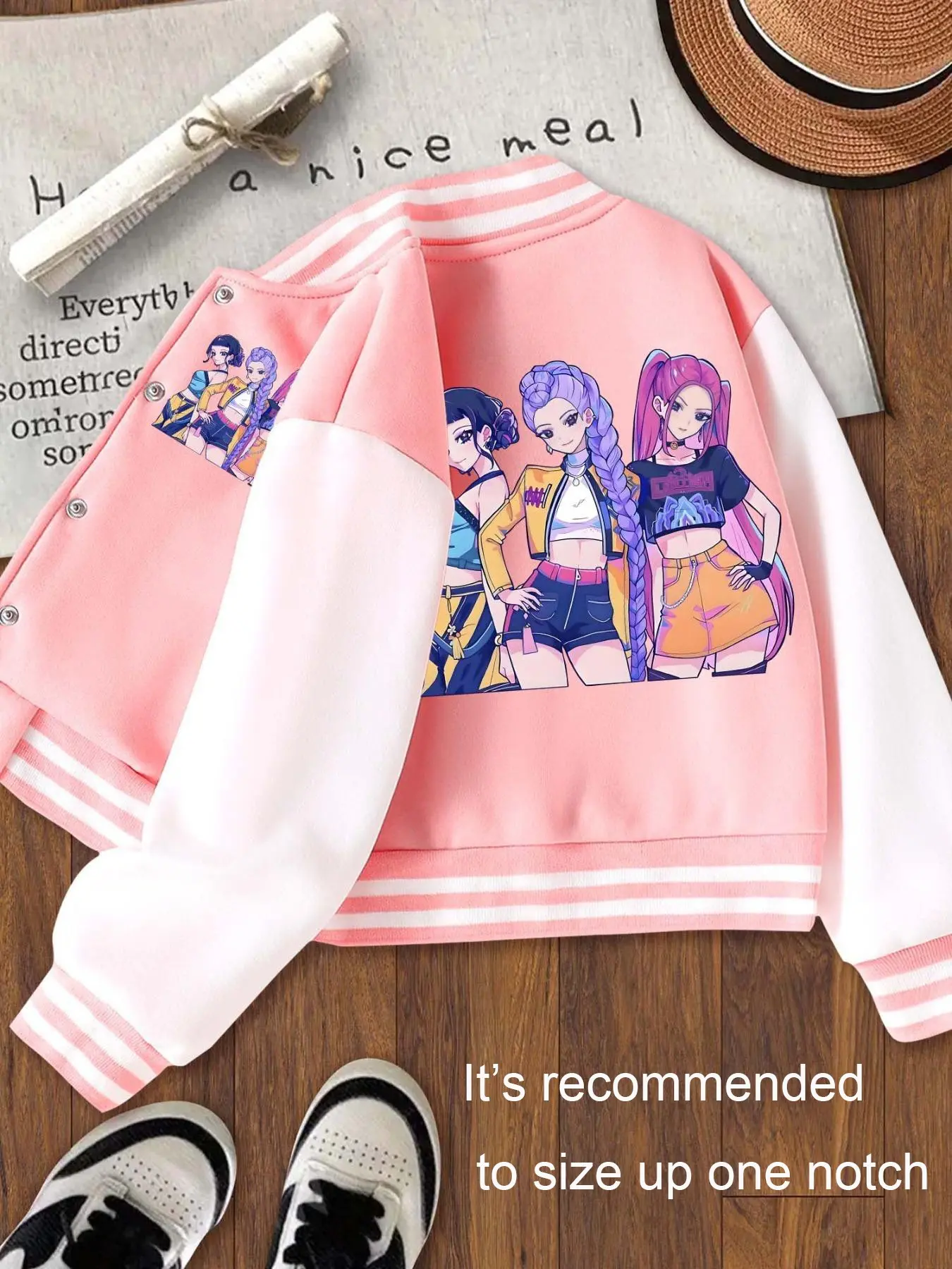 Girls' Short Baseball Jacket, Casual Sport School Uniform, Fun Cartoon Print, Elastic Fabric, Trendy Look, Fall Winter Outdoor Indoor Activity Jacket, Casual Cute Outerwear