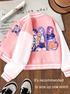 Girls' Short Baseball Jacket, Casual Sport School Uniform, Fun Cartoon Print, Elastic Fabric, Fall Winter Outdoor Indoor Activity Jacket