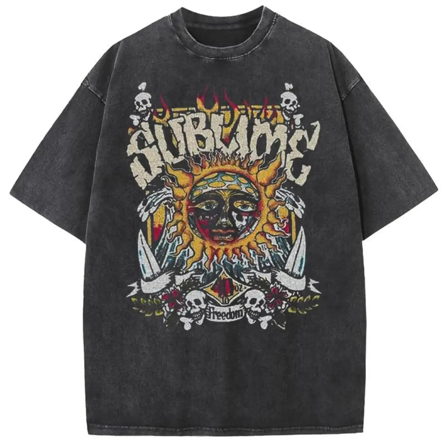 Vintage Washed Sublime Sun Freedom Skull Single Sided Tee Retro Sublime Band Sun Face Skull Knife Floral Graphic Oversized Black Acid Wash Reggae Rock Casual Tee