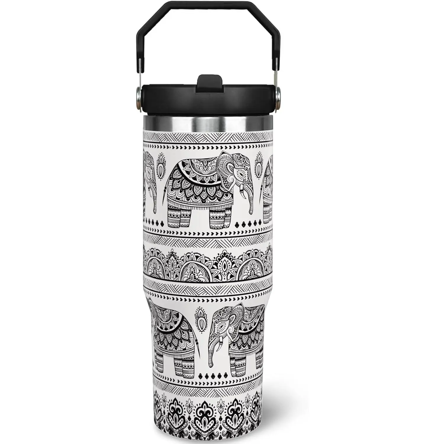 30 oz (3e+1 fl oz) Stainless Steel Elephant Tumbler - Insulated Thermal Coffee Cup with Handle, Flip Straw, Portable Drinkware for Elephant Lovers Gifts, 3E+1 Fluid Ounces