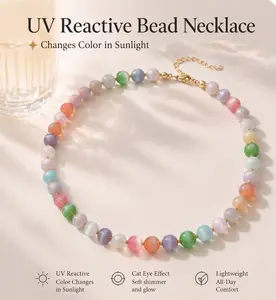 KissYan UV Reactive Bead Bracelet and Necklace Set for Women, 14K Gold Plated Adjustable Jewelry, Color Changing Acrylic Beads Set, Trendy Choker & Anklet, Multi-Scene Wear, Gift for Women,summerwins