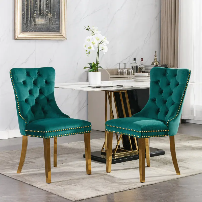 Velvet Dining Chairs Set of 2, Upholstered Dining Room Chairs with Back Ring Pull Trim and Golden Stainless Steel Legs,Tufted Wingback Chair Perfect for Dining Room,Living Room,Kitchen