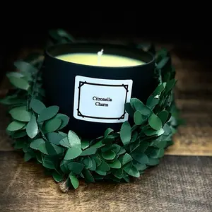 Citronella Charm Candle with Green Leaves and White Label