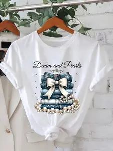 Women'S Denim and Pearl Pattern Crew Neck Short-Sleeved Shirt | Casual Fashion Tops, Fashionable Women'S Clothing, Ideal for Birthday and Holiday Gifts, Spring/Summer Season