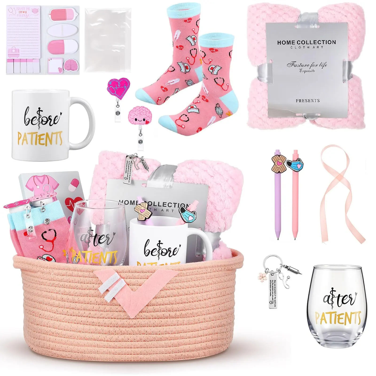 Nurse Gifts for Women Nurse Appreciation Gifts with Woven Basket Blanket Coffee Mug Stemless Wine Glass Cozy Socks Pens Notepad Badge Keychain Nurse Week Gift for Nursing Teacher Students, Nurses Graduation