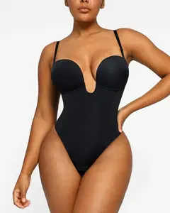 SHAPELLX AirSlim Compression Bodysuit - Women's Deep Plunge, Low-Back, Thong Style Top with Adjustable Normal Type Fabric