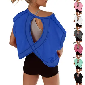 WoodBerry Open Back Tops for Women Oversized Short Sleeve Workout T-Shirts Casual Yoga Backless Athletic Slouchy Crop Running Tees Streetwear