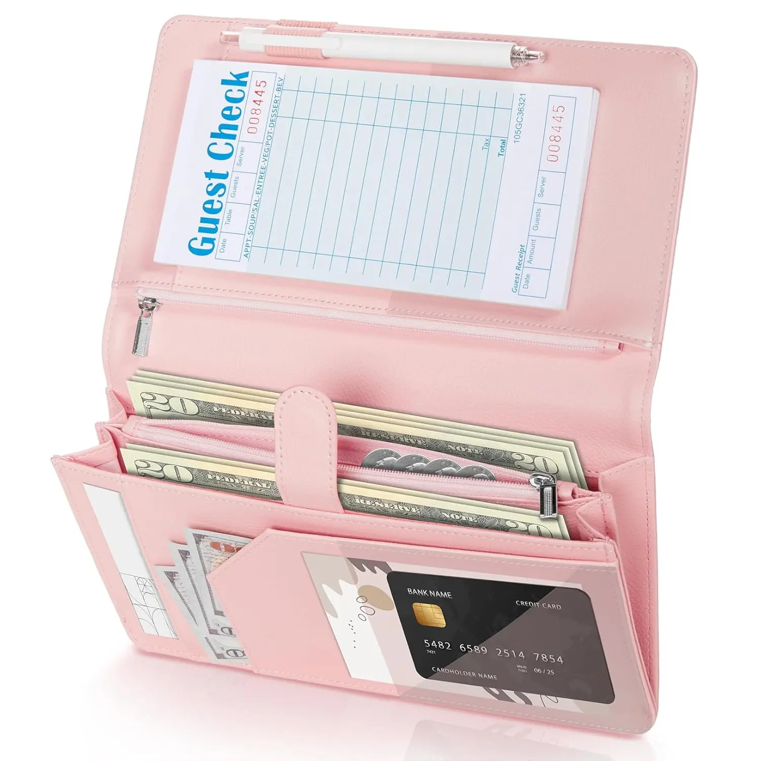 Server Book High Volume, Expandable Server Book,5"9", Waitress Waiter Book, Leather Waitress Book with 2 Zipper Pockets and  Pocket, Server Books Server Booklet Fit Server Apron,