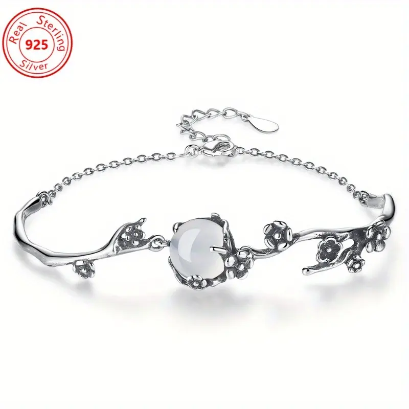 S925 Sterling Silver Bangle Bracelet, Vintage Plum Blossom Design with Moonlight Chalcedony Charm, Bohemian Jewelry for Adults Daily Wear, Bangles, Bohemian Style, Bang, Ancient Silvery, Stylish Antique