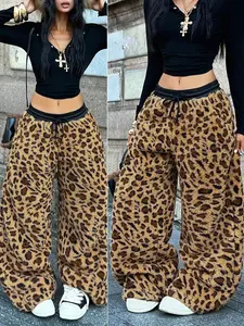 Women's Fall Winter Streetwear Casual Warm Leopard Print Patchwork Loose Wide Leg Pants, Vintage Style Daily Wear, Casual Lounge Pants