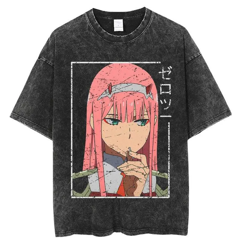 Men's Oversized Streetwear T-Shirt - Darling in the Franxx 02 Anime Graphic, Vintage Distressed Shortsleeve, Cotton Round Neck, Festive Cartoon Figure Print, Hand Wash Only, No Fitted Design, All-Season Menswear Top