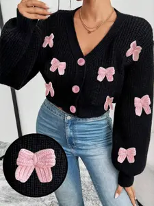 Women's Bowknot Decor Sweater Cardigan, Casual Long Sleeve Button Front Knitting Knitwear for Fall & Winter, Fashion Ladies' Knit Clothing for Daily Wear, Womenswear