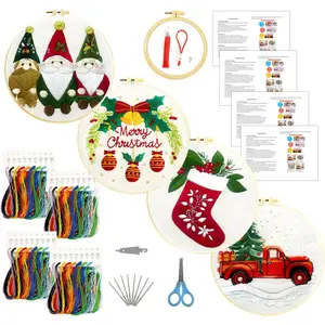 Christmas Embroidery Kits for Beginners Adults, Hand Embroidery Starter Kits with Stamped Embroidery ,Crewel Christmas Stocking Kits Embroidery with Hoop-4  Set (C0042)