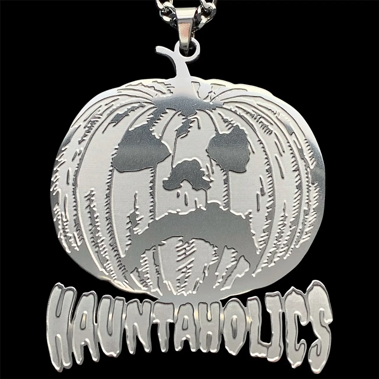 Hauntaholics Necklace 2" Etched Mirror Polished Stainless Steel Pendant with Laser Cut Design & Choice of Chain Free Gift Included Haunted Mound