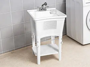 Multi-Functional Movable Laundry Sink,Freestanding Utility Sink, 24" x 24" x 36.75" All-in-One Laundry Tub with Pull-Out Faucet for Laundry Room, Basement, Garage & Outdoor Kitchen, White