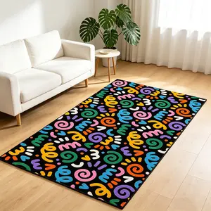 Dopamine colored vortex rectangular carpet with black background graffiti wind silk circle floor mat, balcony entrance anti slip and wear-resistant foot mat, decorative mat, Decorative Rug suitable for ins style/dopamine home decoration