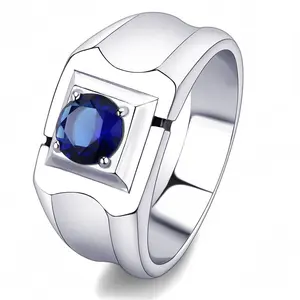 Lanyjewelry Men's Hypoallergenic Stainless Steel Wedding Ring, 6.5mm Round Cut Montana Blue Sapphire CZ Solitaire