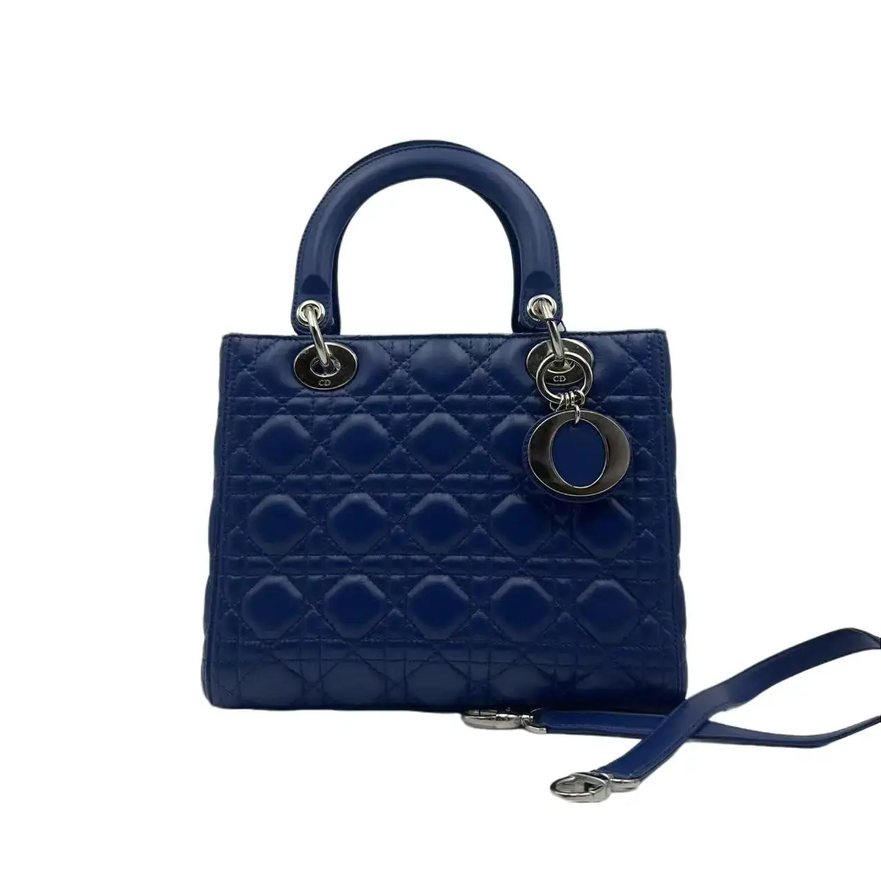 Pre-owned Dior H5 Lady Daifei Bag Five grid Medium Sheepskin Blue Silver Buckle H20641