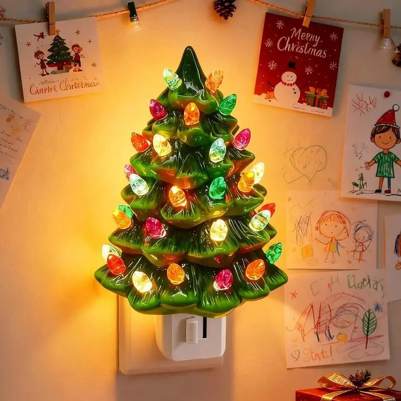 Vintage Christmas Tree Night Light - Ceramic & Resin Tabletop Christmas Decor, Multicolored LED Bulbs, 360° Swivel Plug, On/Off Switch, Ideal for Bedroom Holiday Setup, Nostalgic Gift for Families
