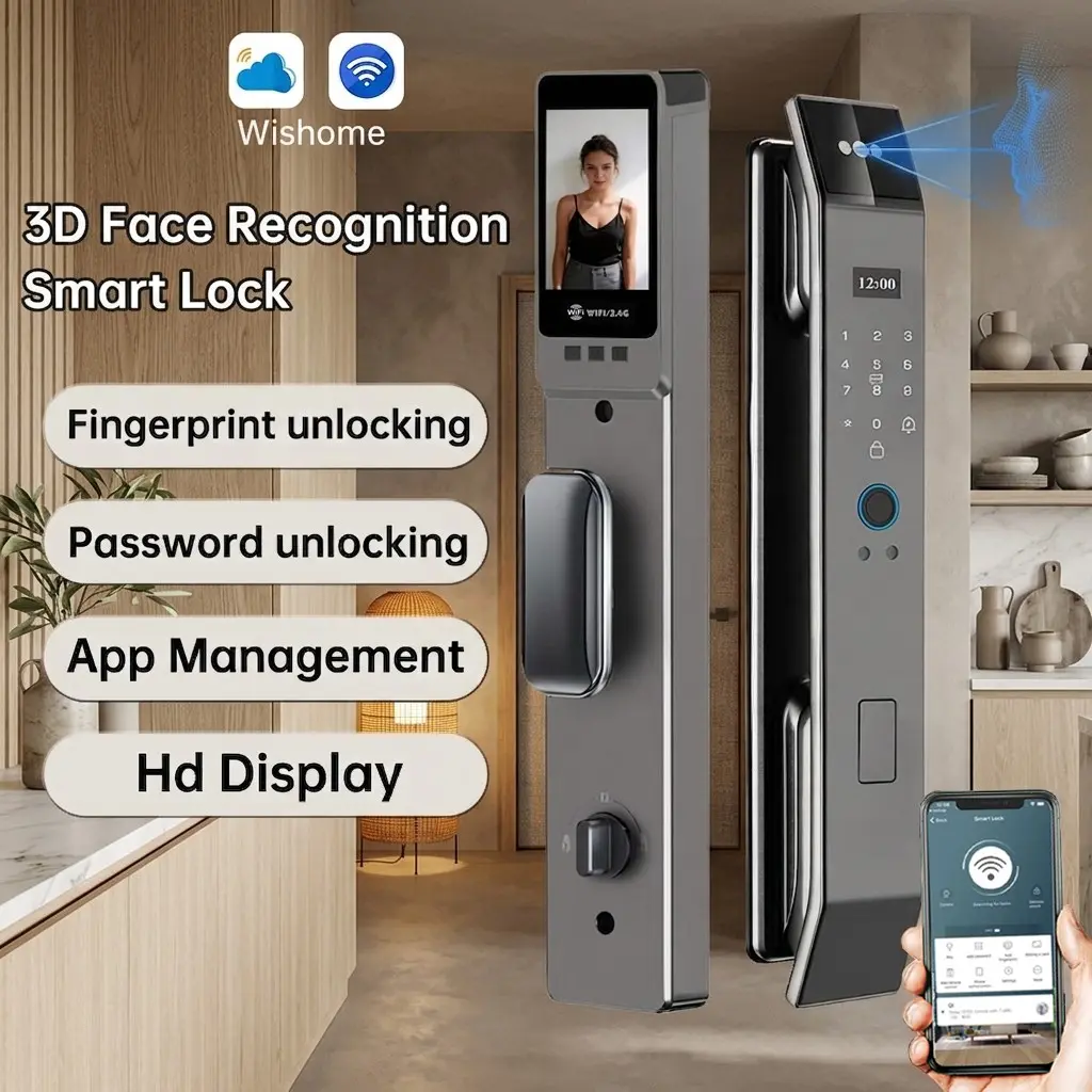 Luxury 6068 Mortise Smart Lock for Heavy Front Door, Touchless Palm and Face ID Biometric Deadbolt, Fingerprint Keyless Lock, Electronic Door Locks, Works with Wishome