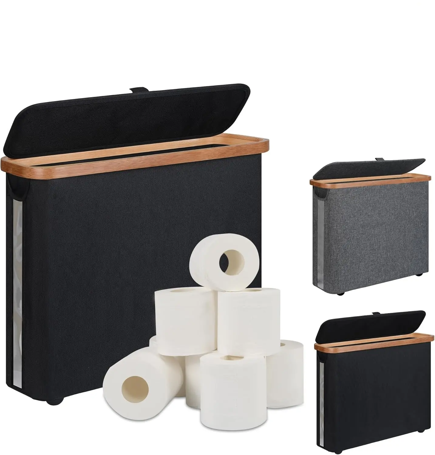Modern Free Standing Toilet Paper Storage Holder (12-Roll Capacity) - Waterproof Bathroom Organizer Basket with Bamboo Lid, Clear-View Window, Bathroom Decor Ideas, Father’s Day Gift, Home Essential