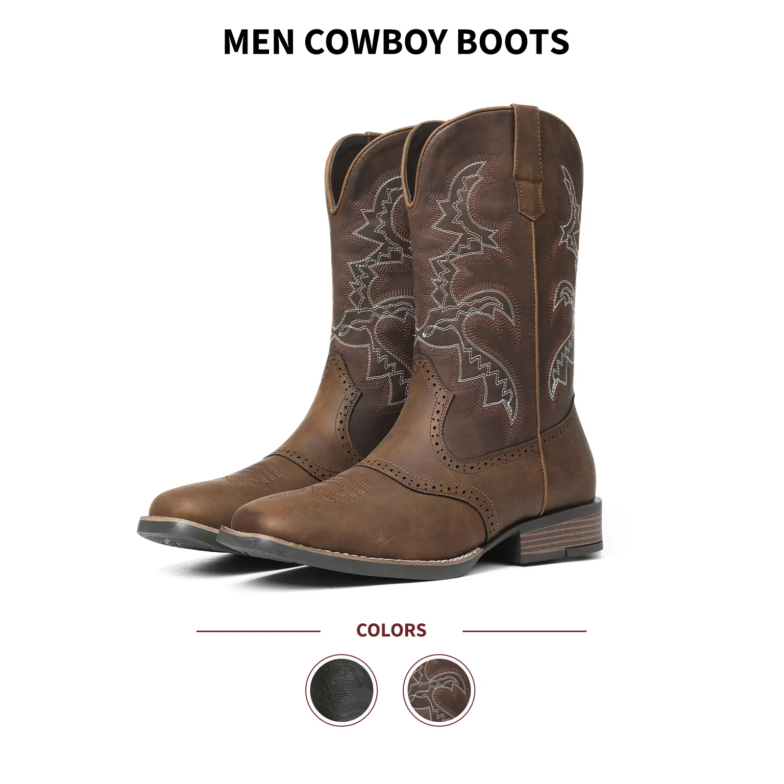 Men Cowboy Boots Mid Calf Square Toe Block Heel Embroidered Pull On Classic Rodeo Vintage Western Style Horse Riding Casual Country Concert Wedding Guest Festival Vacation Outdoor Work Gift For Him Summer Fashion Boots Summerwins